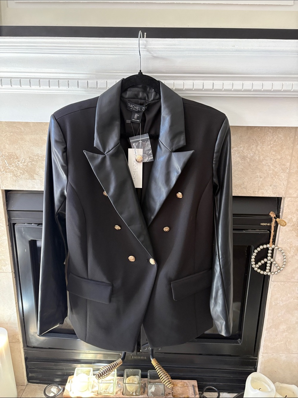 Rachel Zoe Black Double-Breasted Blazer with Faux-Leather Trim